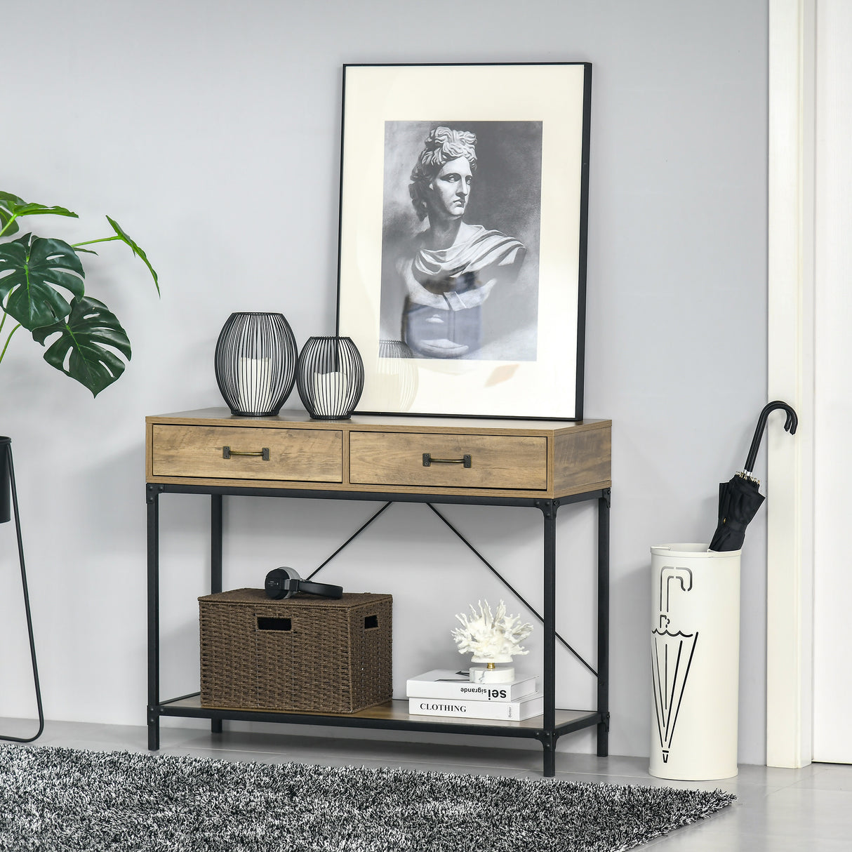 easycomfort easycomfort tavolo consolle stile vintage in metallo e legno con 2 cassetti e mensola 100x35x76 5cm marrone