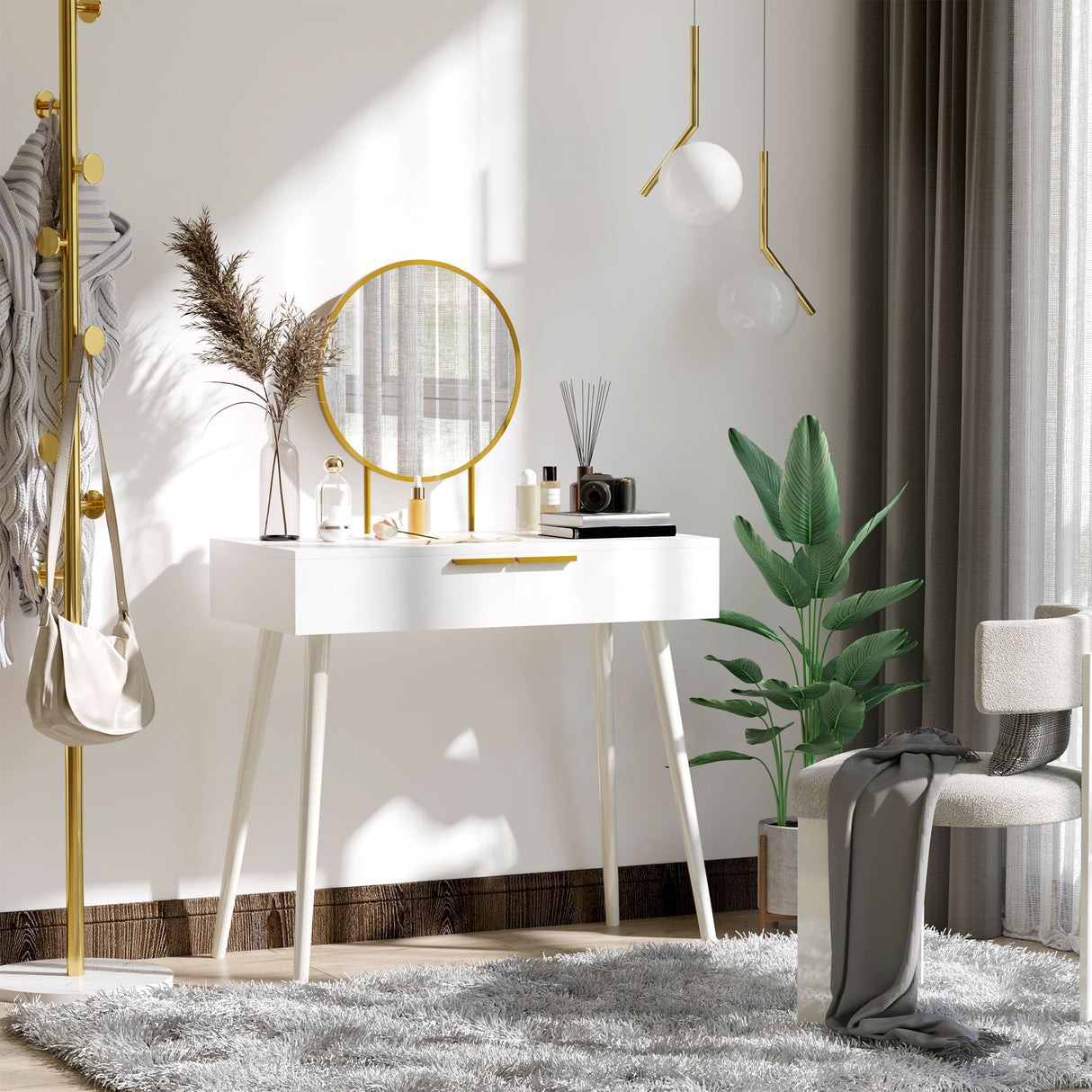 easycomfort easycomfort tavolo trucco con specchio e 2 cassetti per accessori in legno 80x40x123 cm bianco