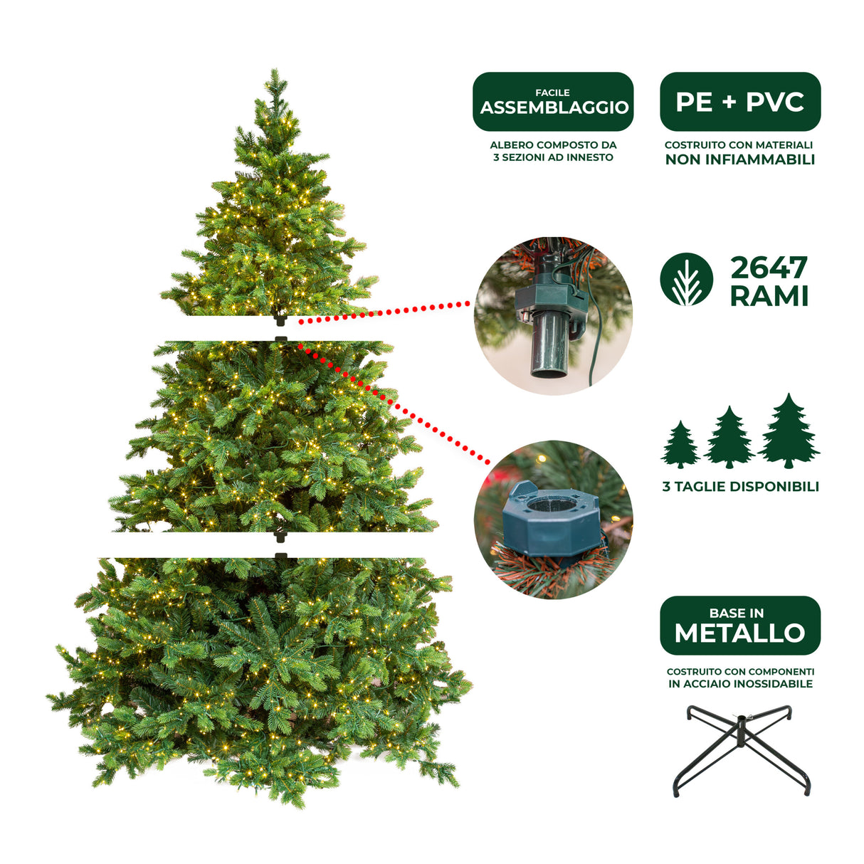 le stelle albero di natale artificiale verde h 180cm x l 120cm super folto con 2000 luci led incorporate e base a croce in metallo
