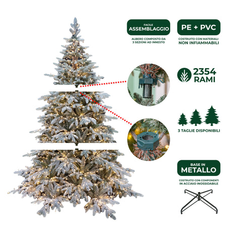 le stelle albero di natale pino verde innevato h 210cm x l 150cm super folto effetto real touch con 2500 luci led incorporate e base croce in ferro pieghevole