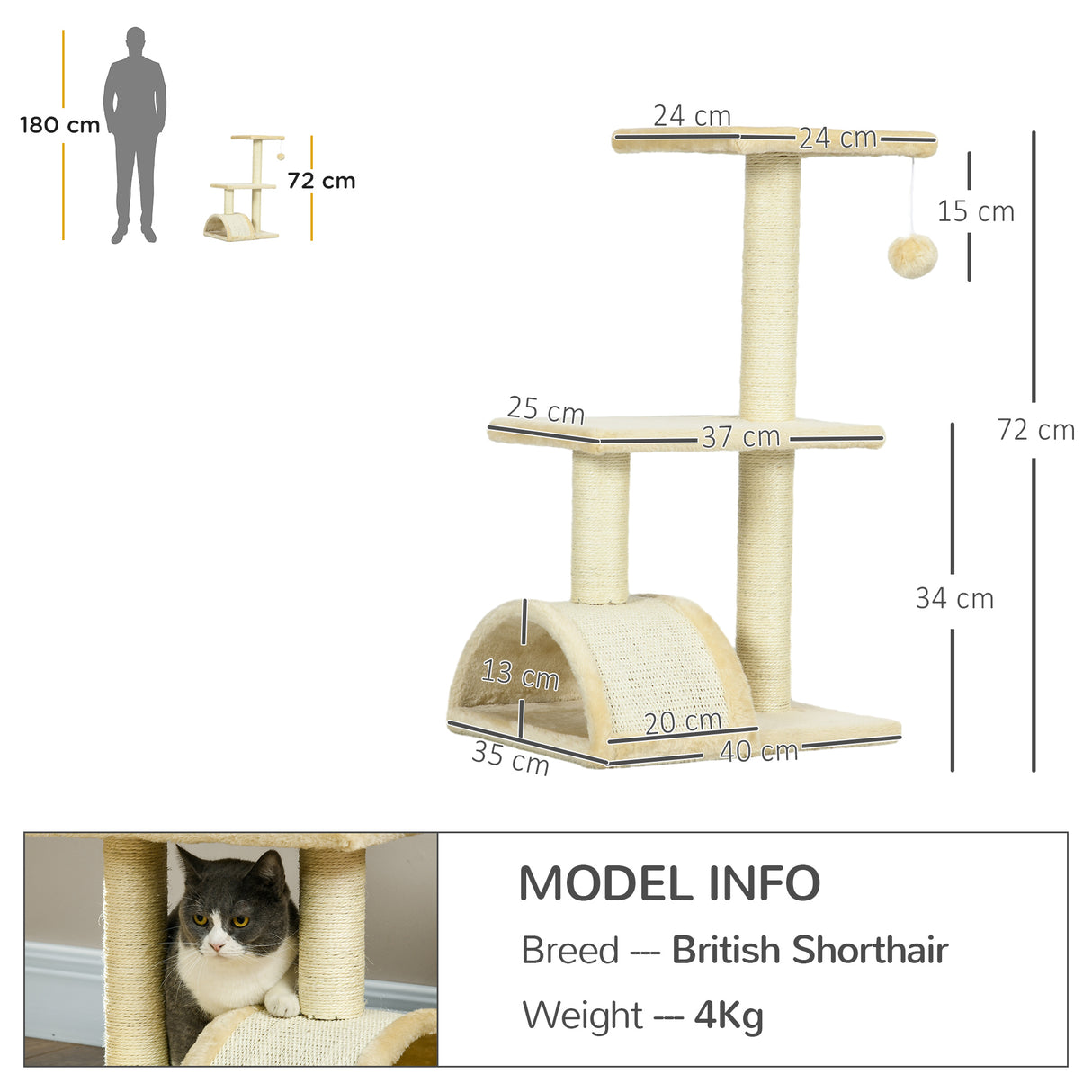 easycomfort easycomfort albero per gatti a 3 livelli con tiragraffi peluche e sisal 40x35x72 cm crema