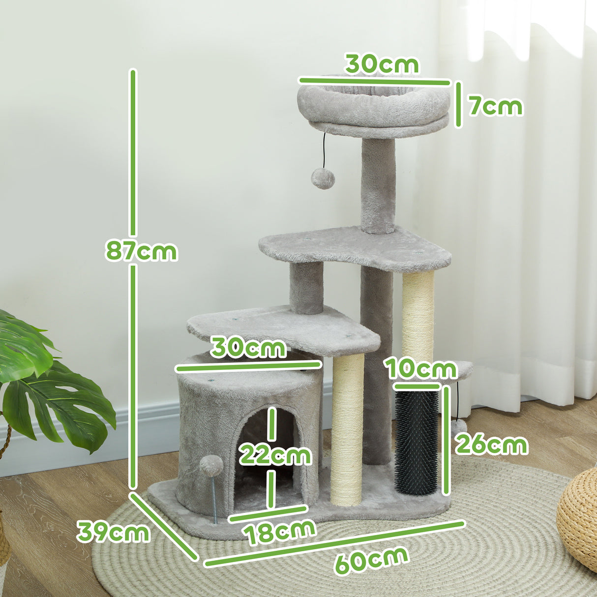 easycomfort easycomfort albero per gatti con casetta lettino e palline in truciolato sisal e peluche 60x39x87 cm grigio chiaro e crema