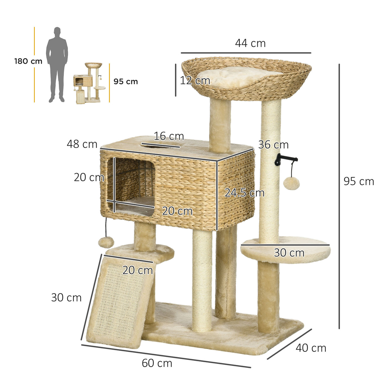 easycomfort easycomfort albero tiragraffi per gatti con casetta trespolo e pallina in legno e poliestere 60x40x95 cm marrone e beige