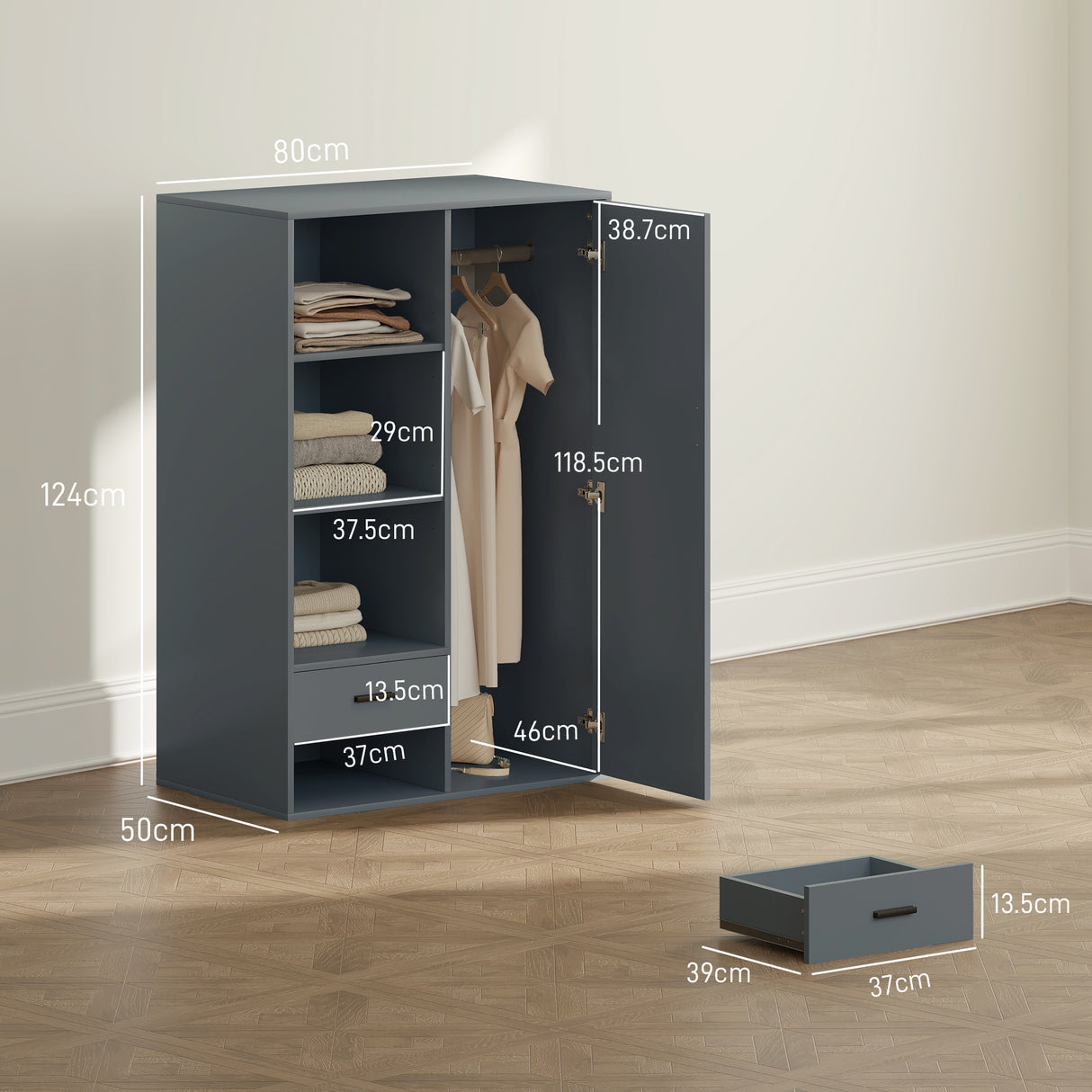easycomfort easycomfort armadio moderno con 2 cassetti ripiani aperti e vano appendiabiti 80x50x124 cm grigio scuro