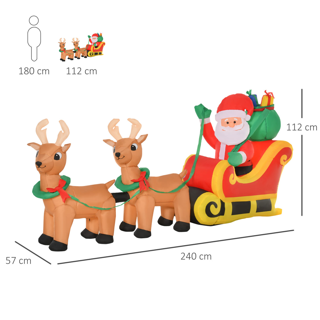 easycomfort easycomfort babbo natale gonfiabile con slitta e 2 renne addobbi di natale in tessuto poliestere impermeabile con luci a led 240x57x112cm