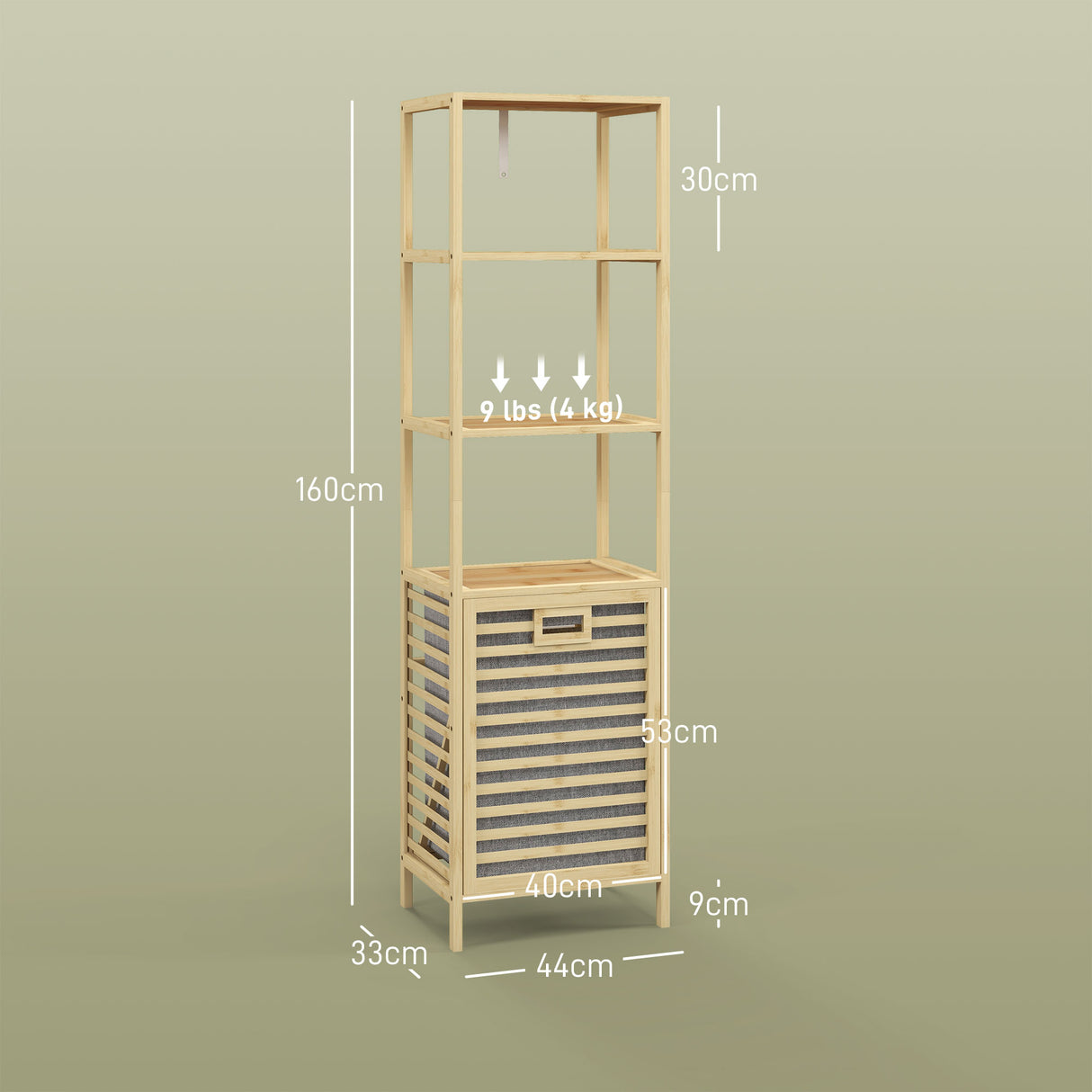 easycomfort easycomfort colonna bagno con 3 ripiani in legno di bambu e cesto portabiancheria in tessuto 44x33x160cm