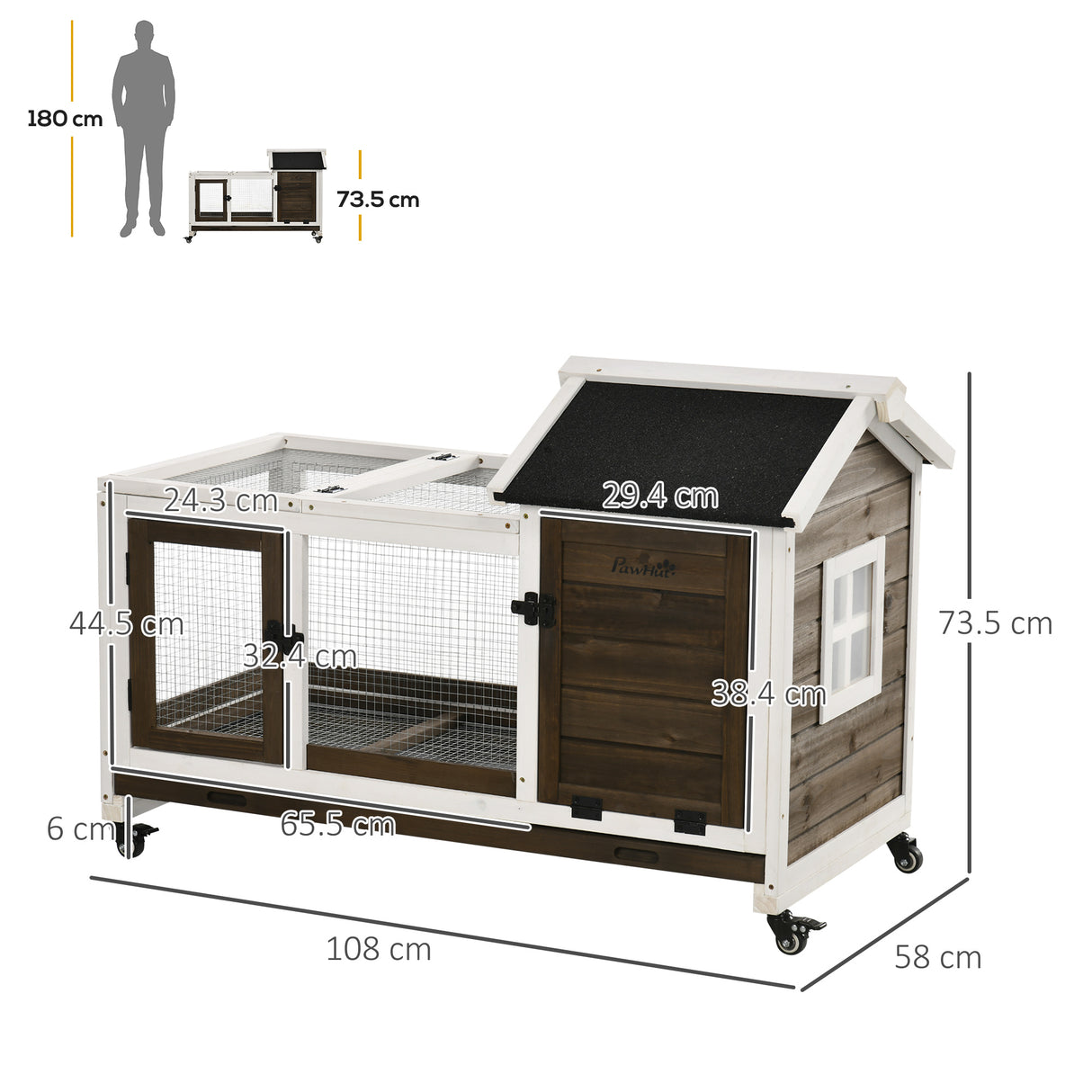 easycomfort easycomfort conigliera in legno da interno ed esterno con ruote casetta tetto apribile e vassoio marrone