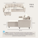 easycomfort easycomfort divano con penisola a 3 posti in tessuto effetto velluto schiuma e nylon 241x153x83 cm bianco crema