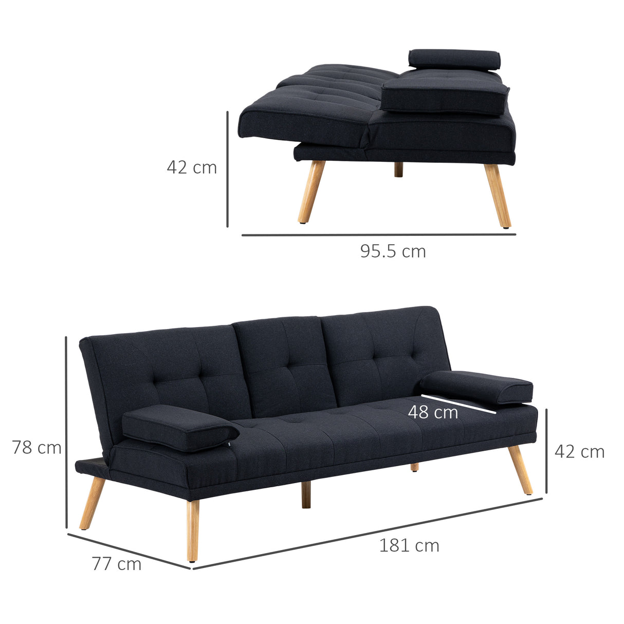 easycomfort easycomfort divano letto 3 posti reclinabile con rivestimento effetto lino e tavolino a ribalta grigio