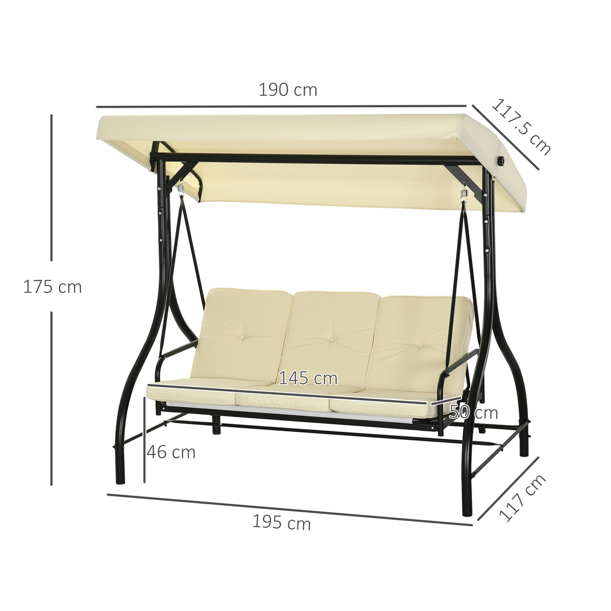 easycomfort easycomfort dondolo da giardino 3 posti con tettuccio regolabile in metallo e tessuto teslin beige e nero