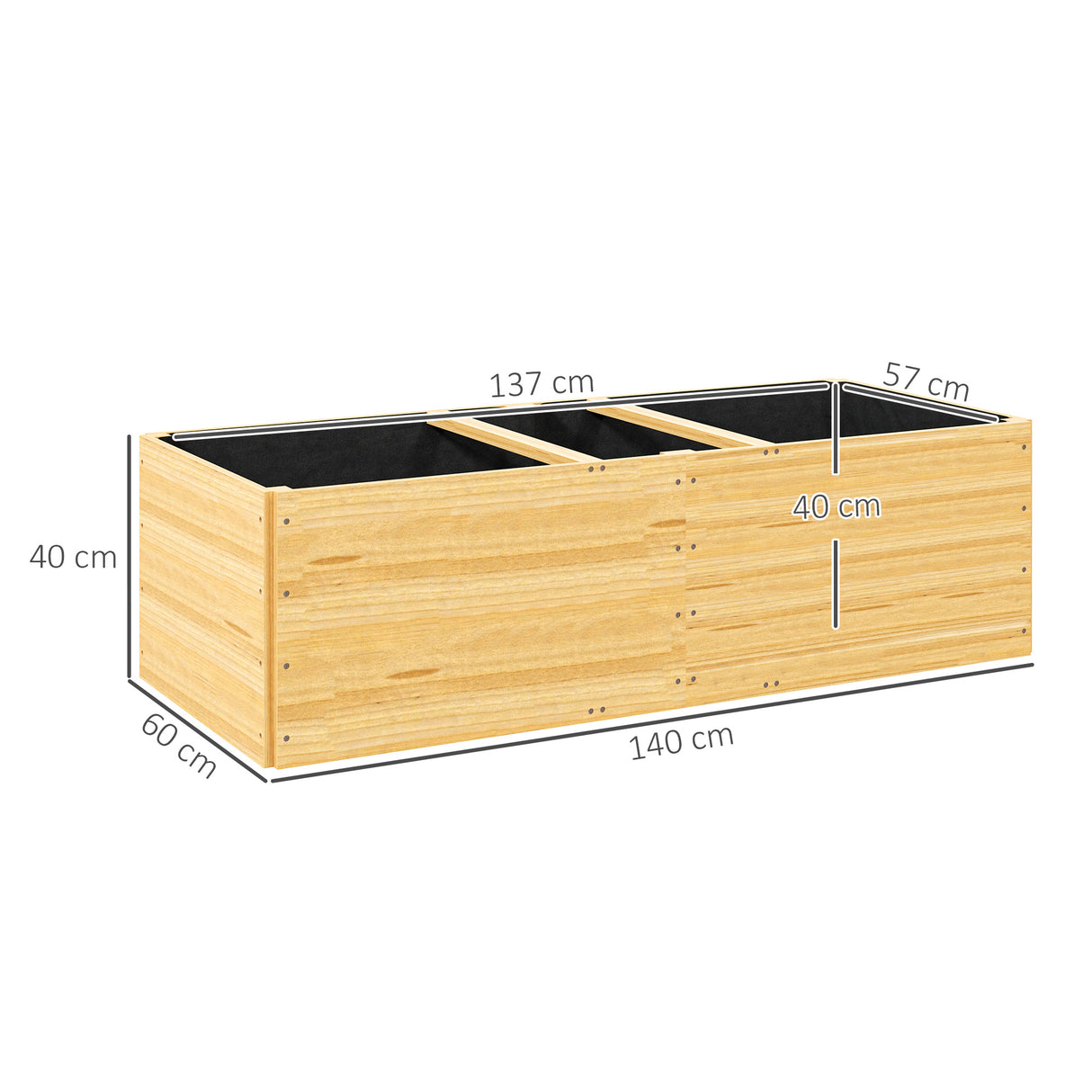 easycomfort easycomfort fioriera da esterno in legno di abete divisa in 3 aree con strato in tessuto non tessuto 140x60x40 cm