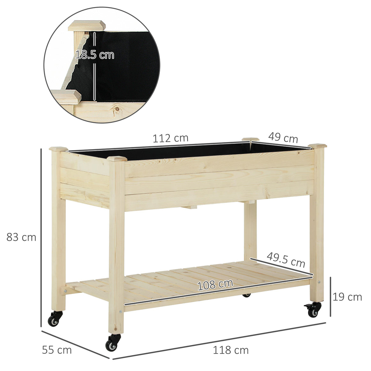 easycomfort easycomfort letto per orto rialzato in legno con rotelle e ripiano inferiore 118x55x83cm legno naturale