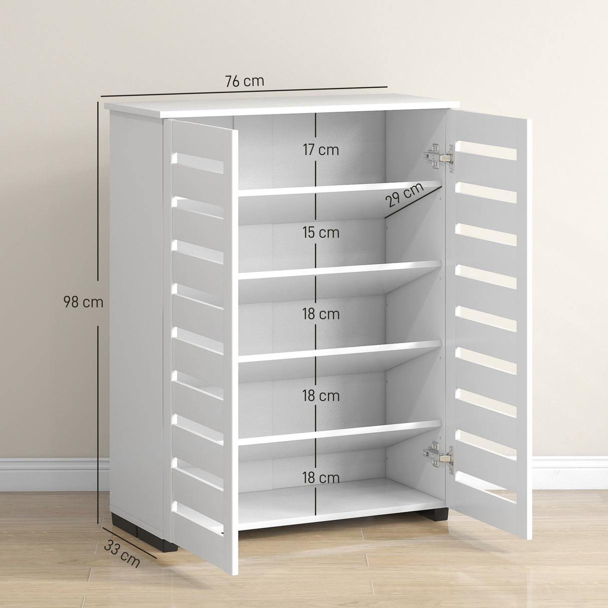 easycomfort easycomfort mobile scarpiera a 5 livelli con 4 ripiani regolabili e ante a doghe in legno 76x33px98 cm bianco