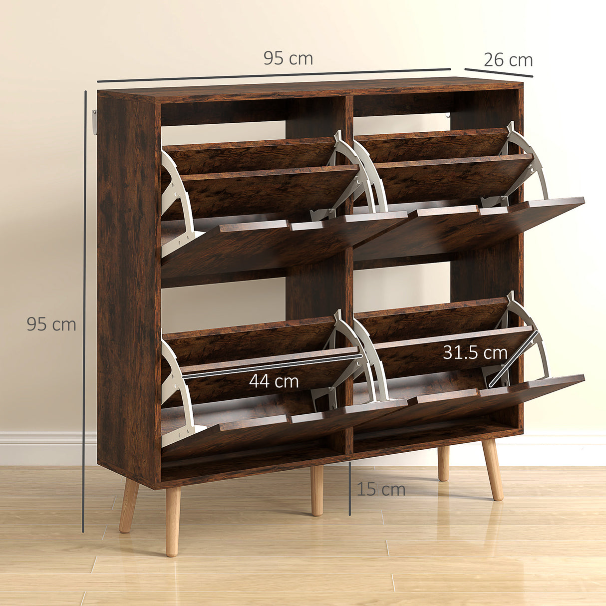 easycomfort easycomfort mobile scarpiera con 4 cassetti ribaltabili a 2 livelli per 16 paia in legno 95x26x95 cm marrone