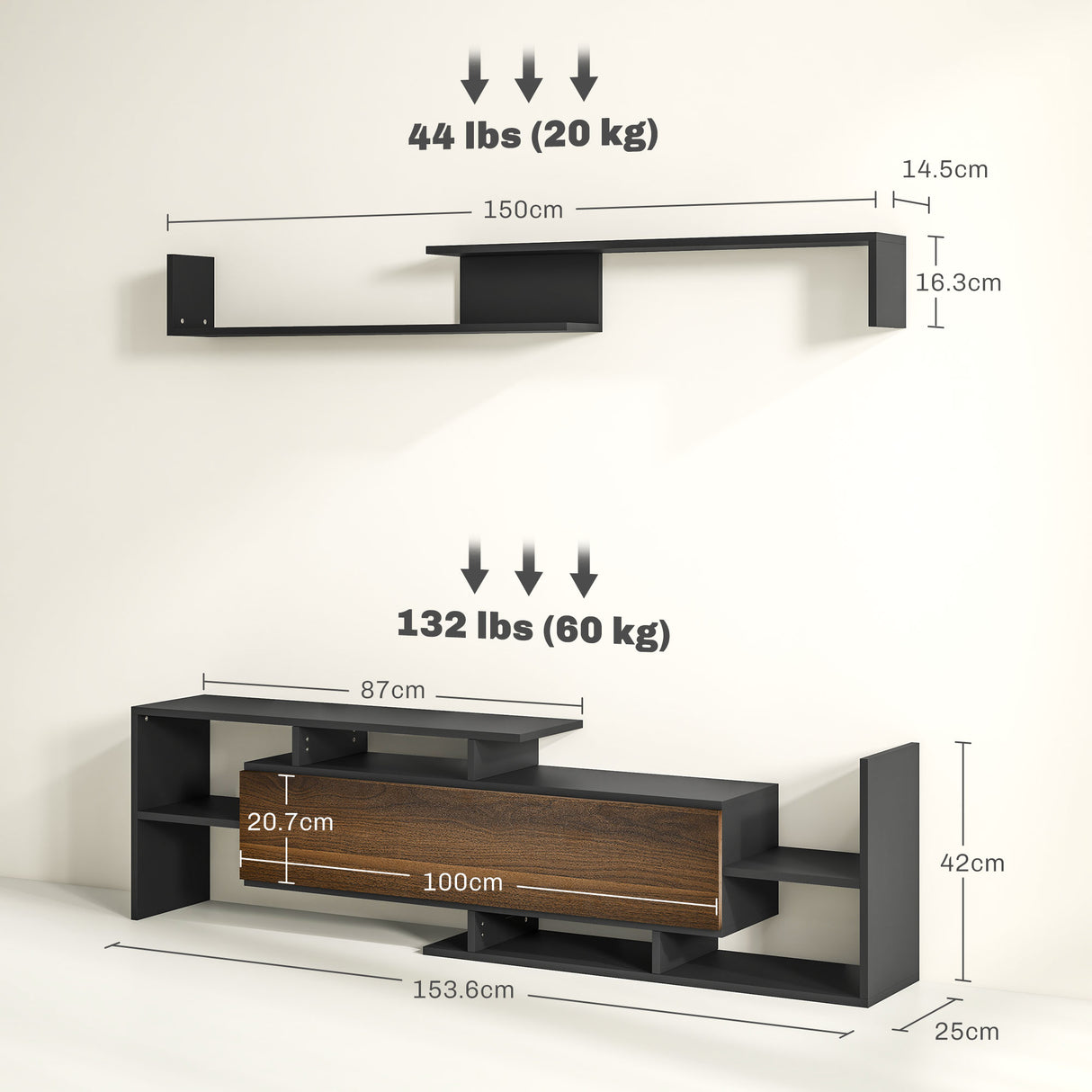easycomfort easycomfort mobile tv con mensola a muro ripiani aperti e armadietto in legno nero e marrone