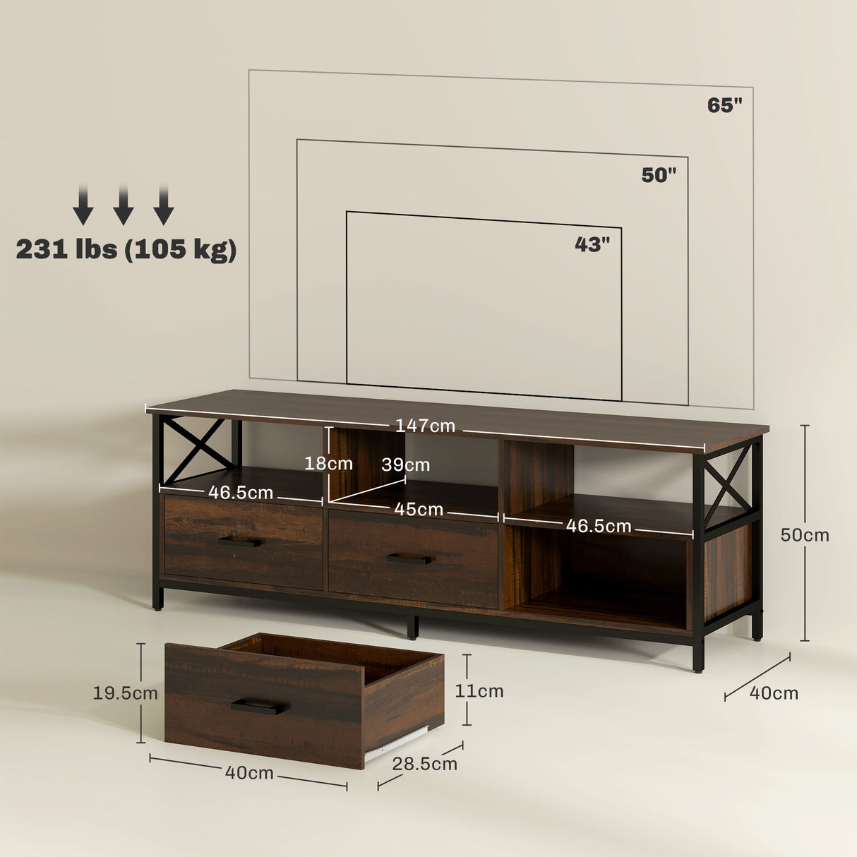 easycomfort easycomfort mobile tv industriale con 3 cassetti e 3 ripiani aperti in legno e acciaio 147x40x50 cm nero e marrone