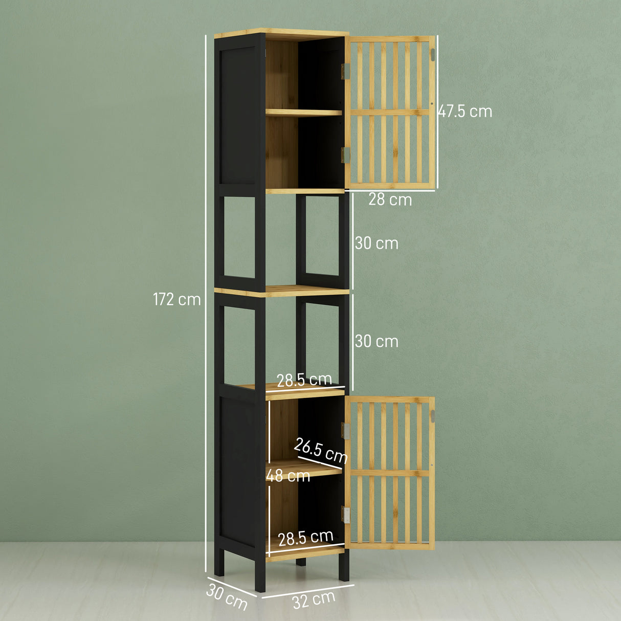 easycomfort easycomfort mobiletto bagno a doghe con 2 ripiani aperti e 2 armadietti in mdf e bambu 32x30x172 cm nero e color legno