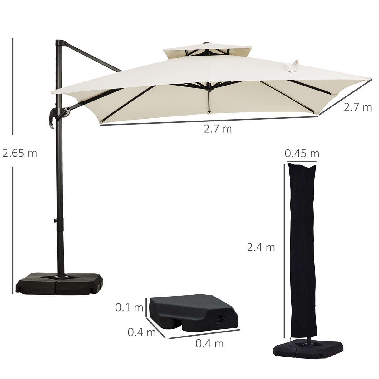 easycomfort easycomfort ombrellone a sbalzo a doppia copertura con manovella base a croce e pesi 268x268x265 cm beige
