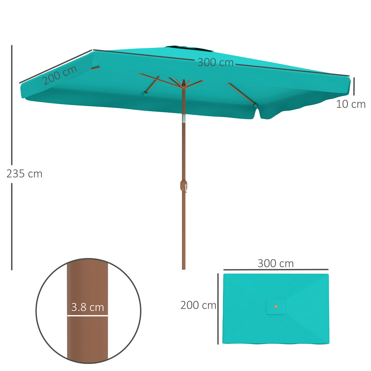 easycomfort easycomfort ombrellone da giardino 2x3 m con apertura a manovella inclinabile e anti uv 50 turchese