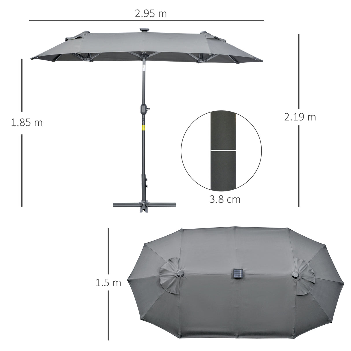 easycomfort easycomfort ombrellone doppio con base a crocee luci solari 295x150x219cm grigio