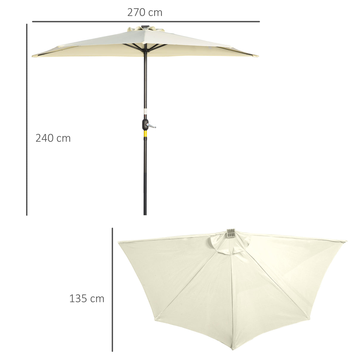 easycomfort easycomfort ombrellone semicircolare con manovella 20 luci led e pannello solare 265x135x240 cm beige