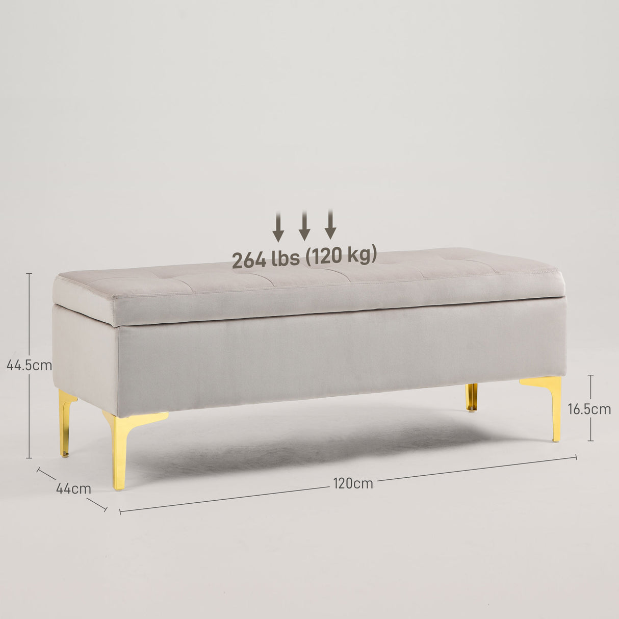 easycomfort easycomfort panca contenitore fondo letto con tessuto vellutato e gambe dorate 120x44x44 5cm grigio chiaro