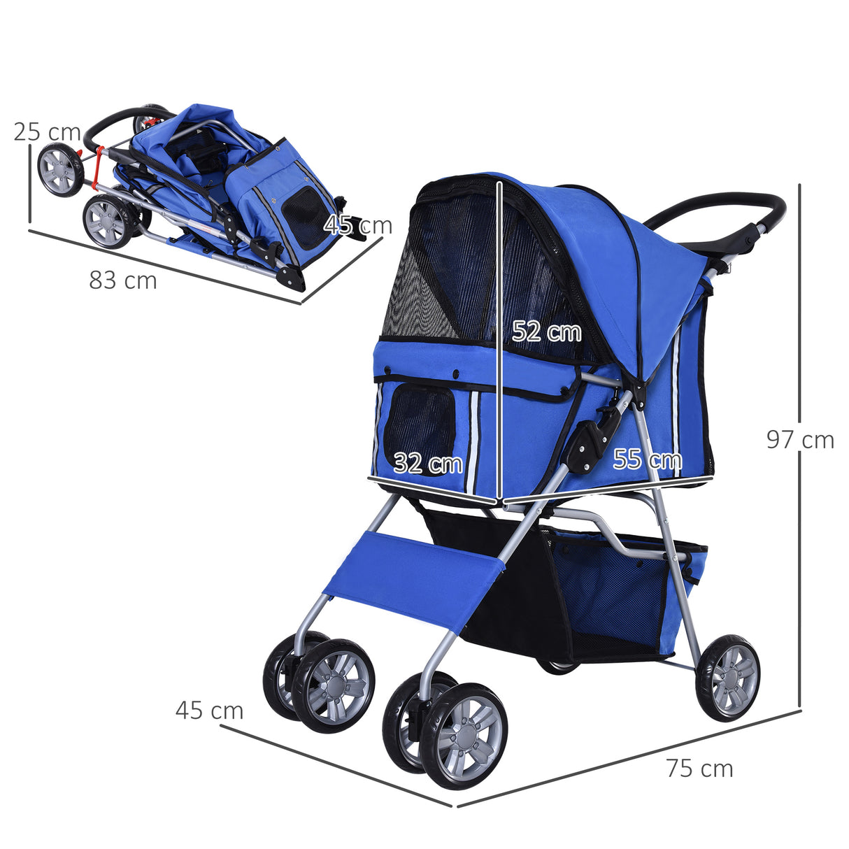 easycomfort easycomfort passeggino per cani piccoli pieghevole con copertura antipioggia ruote girevoli e con freni blu