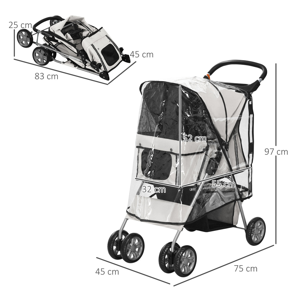 easycomfort easycomfort passeggino per cani piccoli pieghevole con copertura antipioggia ruote girevoli e con freni grigio
