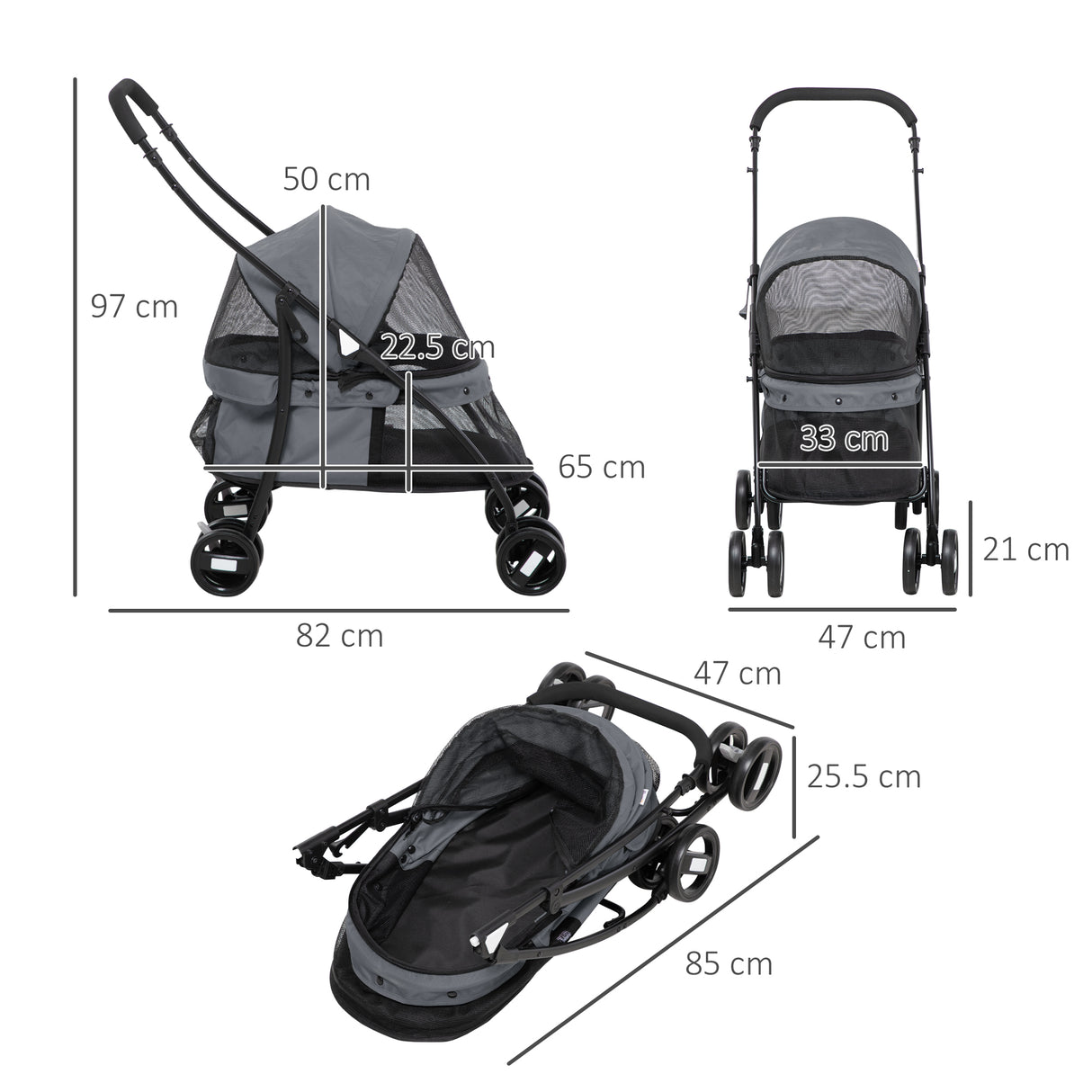 easycomfort easycomfort passeggino per cani pieghevole con tettuccio regolabile borsa e 2 guinzagli 82x47x97 cm grigio e nero