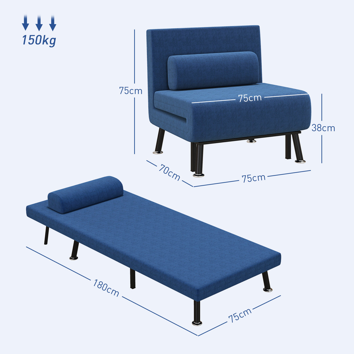 easycomfort easycomfort poltrona letto con schienale regolabile in 5 posizioni in tessuto effetto lino e acciaio 75x70x75 cm blu scuro