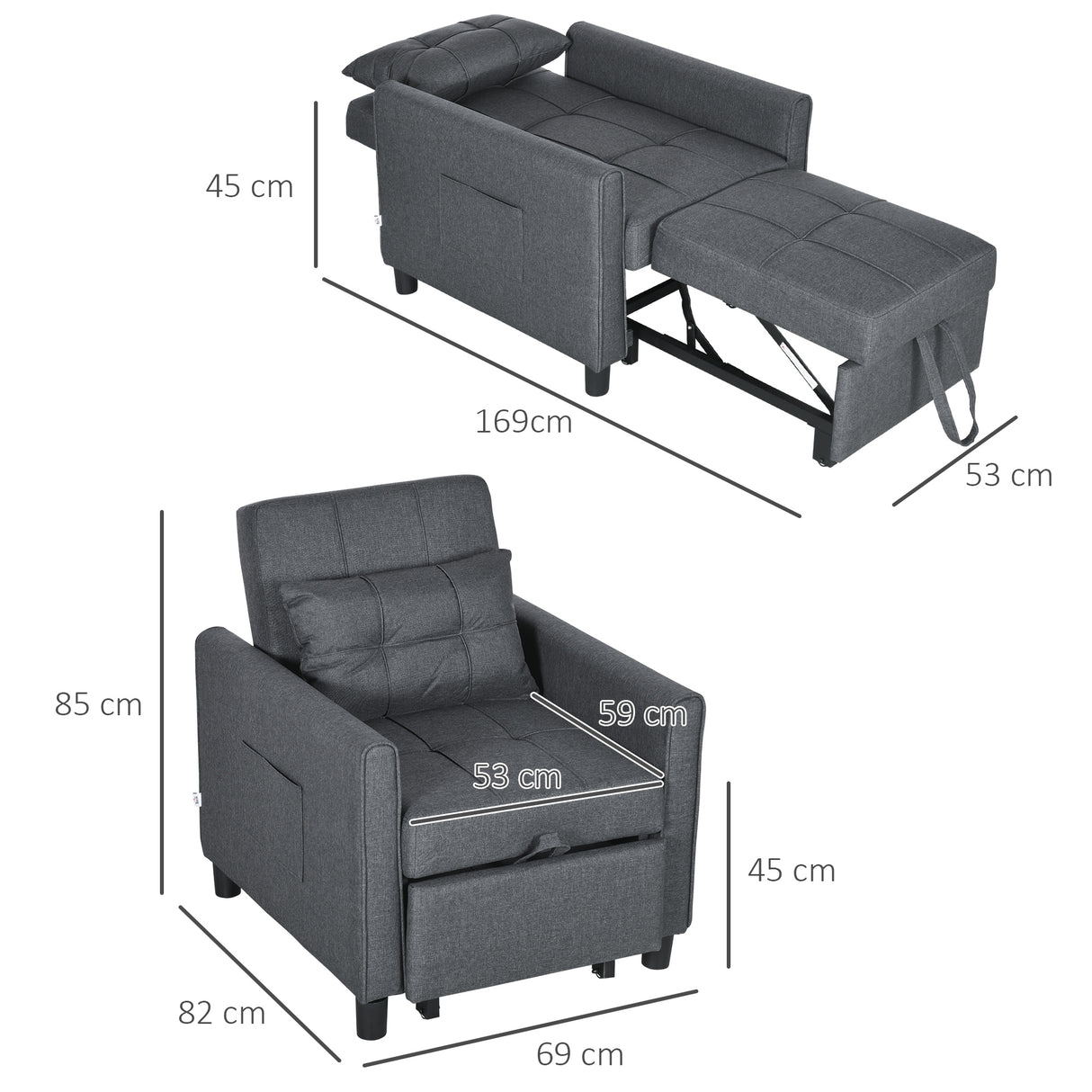 easycomfort easycomfort poltrona letto singolo reclinabile su 3 livelli con cuscino extra 69x82x85cm grigio