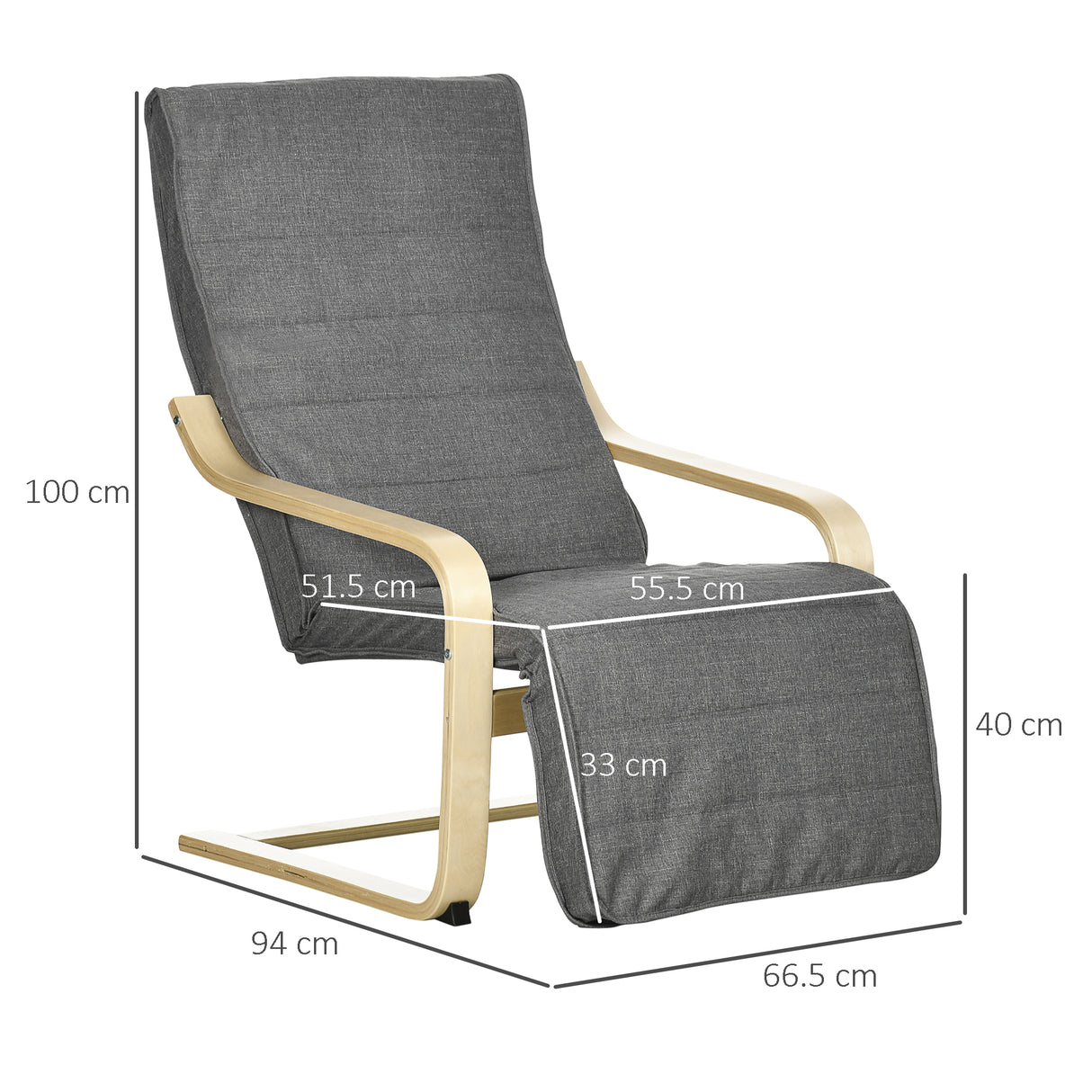 easycomfort easycomfort poltrona relax con poggiapiedi a 5 livelli e poggiatesta in legno di betulla e tessuto grigio