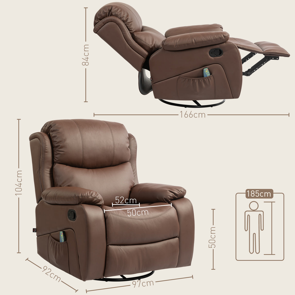 easycomfort easycomfort poltrona relax reclinabile con 8 punti massaggianti riscaldanti e poggiapiedi 97x92x104 cm marrone