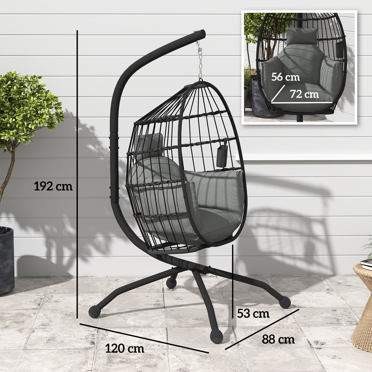 easycomfort easycomfort poltrona sospesa a uovo con gancio regolabile 2 cuscini e cesto in acciaio 120x88x192 cm nero e grigio