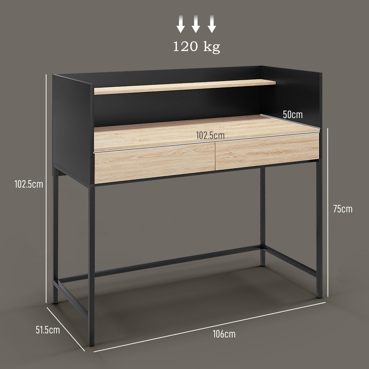 easycomfort easycomfort scrivania 2 cassetti con ripiano superiore in legno e acciaio 106x51 5x102 5 cm nero e color quercia