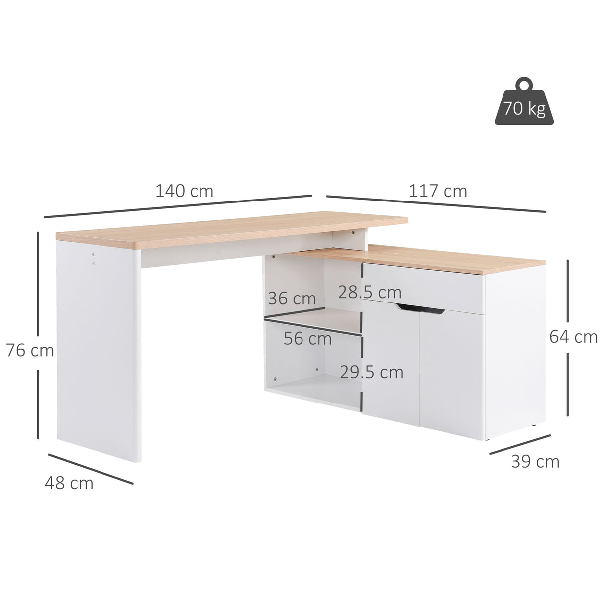 easycomfort easycomfort scrivania angolare con libreria a 2 ripiani armadietto e cassetto 140x117x76 cm color legno e bianco