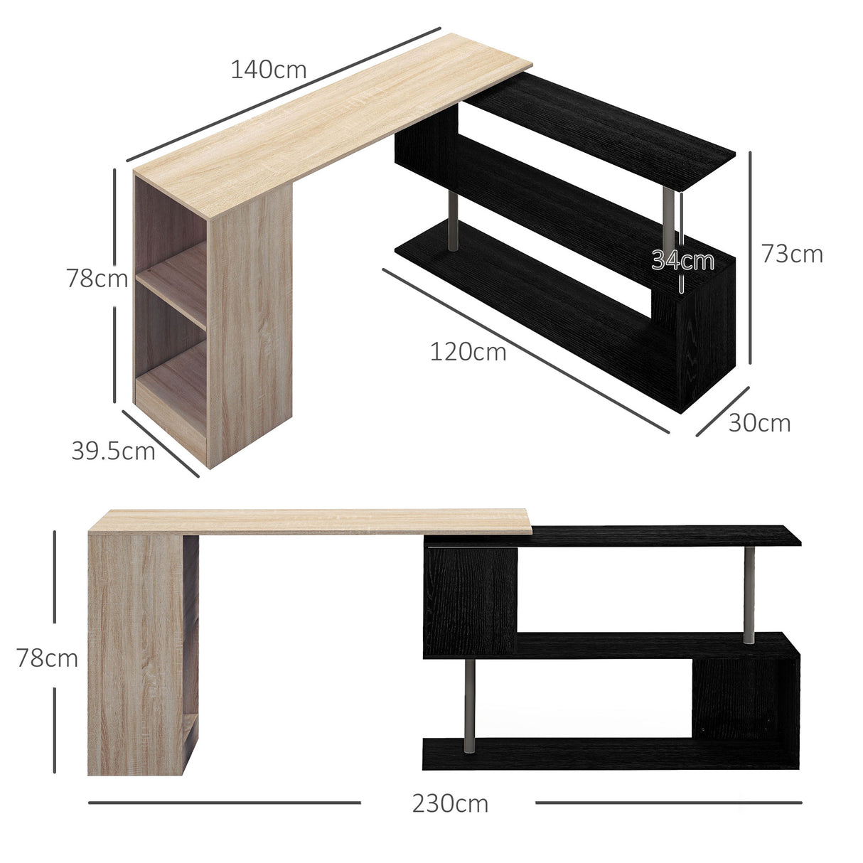 easycomfort easycomfort scrivania angolare salvaspazio con ripiano a s in legno 140x120x78 cm color legno