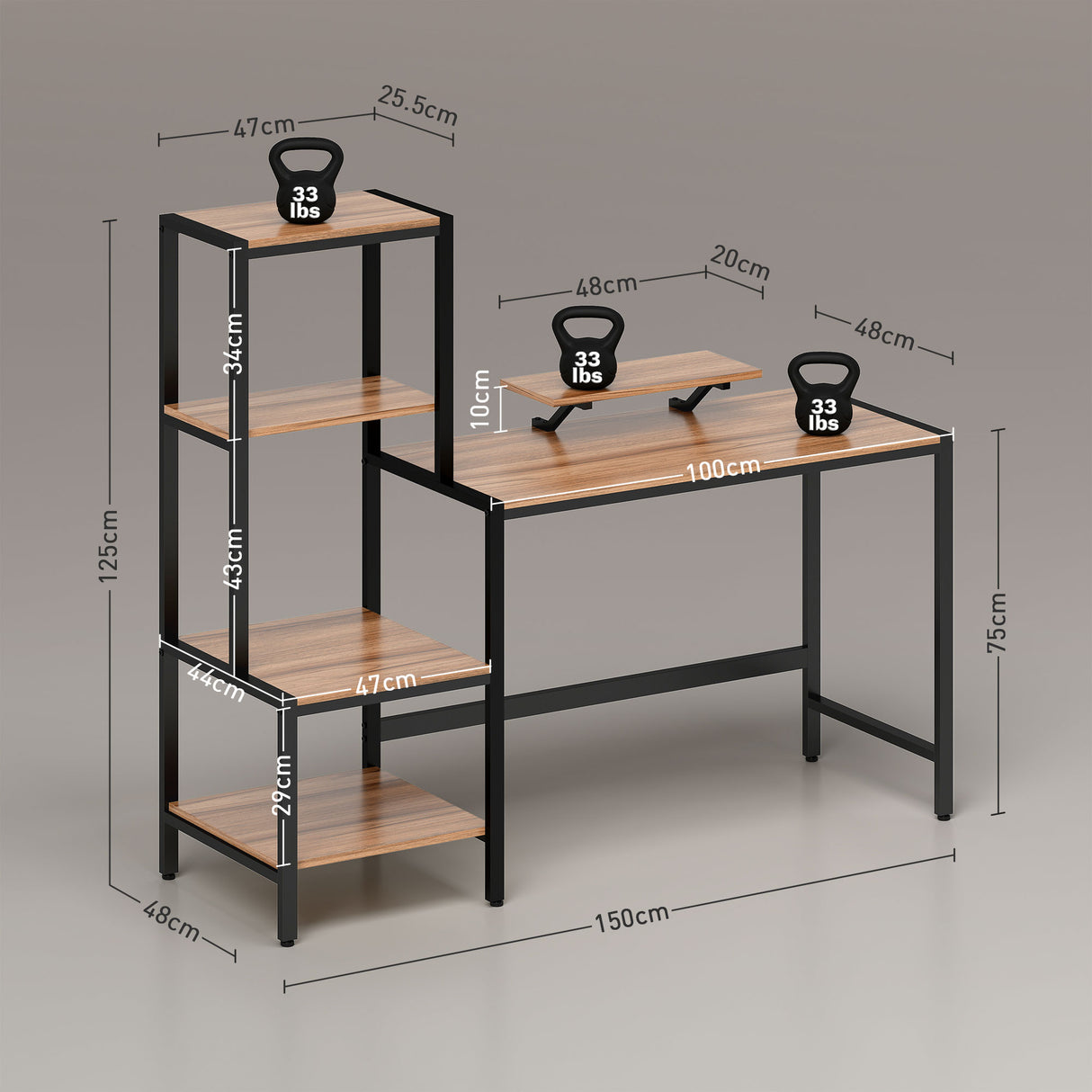 easycomfort easycomfort scrivania per camera con scaffale a 4 ripiani e supporto per monitor 150x48x125cm marrone
