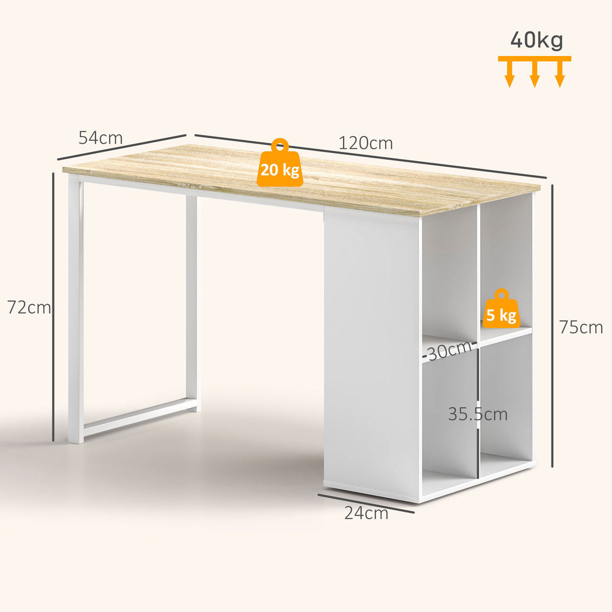 easycomfort easycomfort scrivania per computer salvaspazio con 4 ripiani aperti in legno e acciaio 120x54x75 cm bianco e rovere
