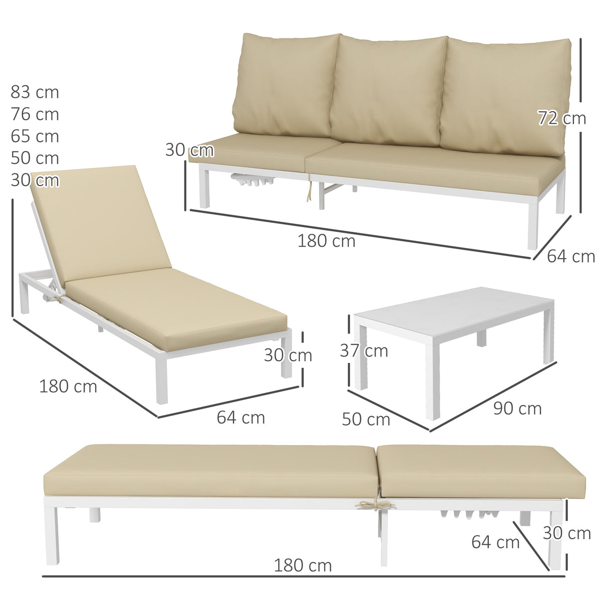 easycomfort easycomfort set 2 lettini prendisole con schienale regolabile e tavolino da giardino in vetro beige