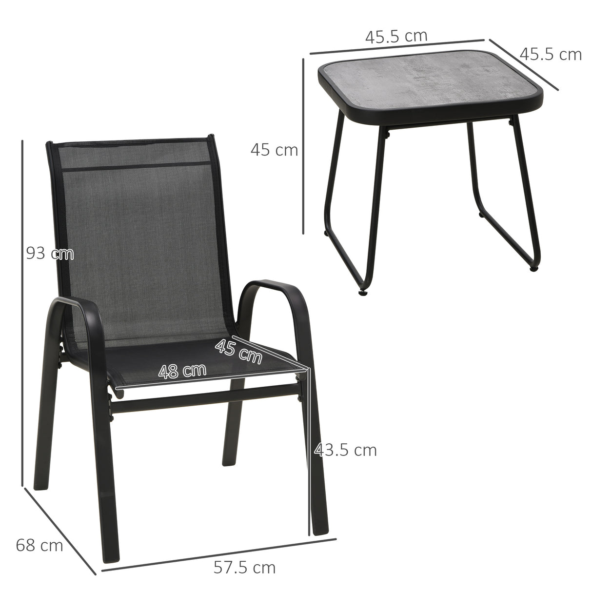 easycomfort easycomfort set da giardino 3 pezzi con tavolino e 2 sedie impilabili in acciaio e tessuto traforato nero