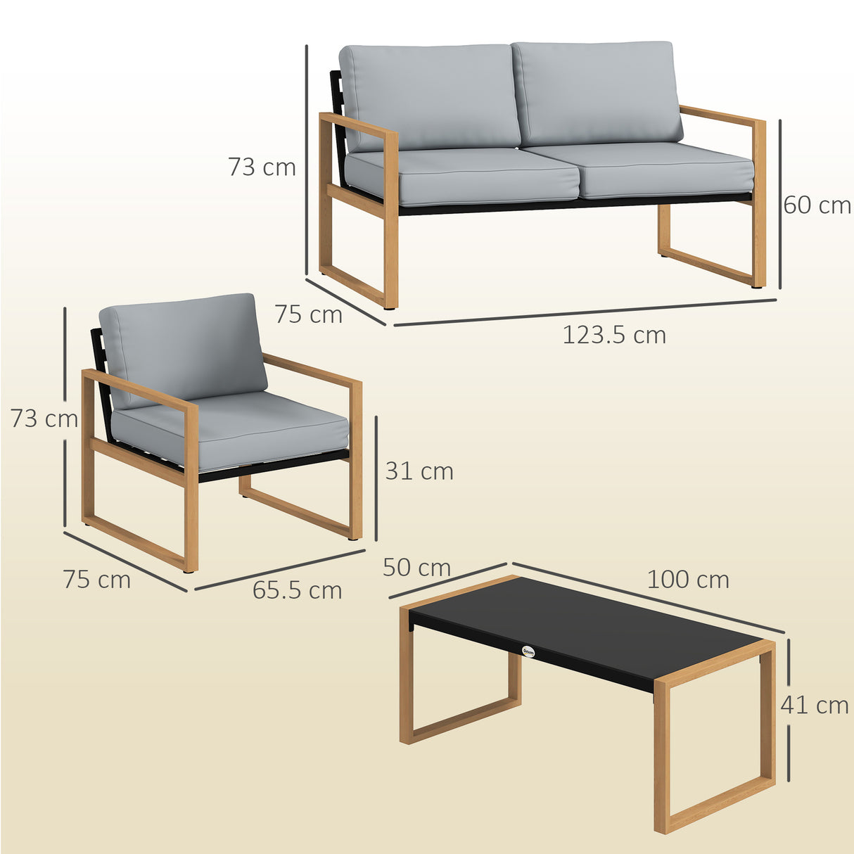 easycomfort easycomfort set da giardino 4 pezzi con 2 poltrone divanetto e tavolino in alluminio e fibra grigio e color legno