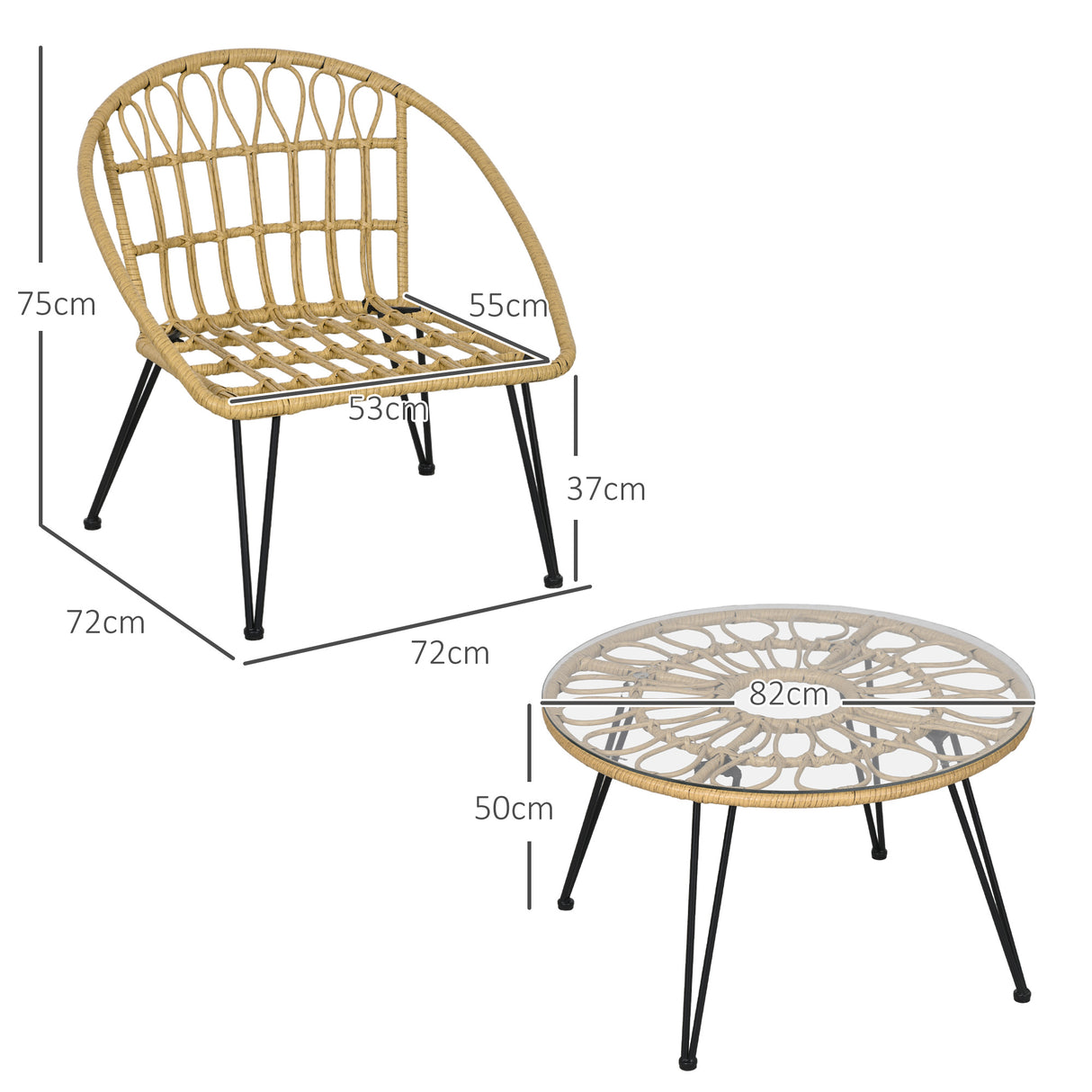 easycomfort easycomfort set da giardino 5 pezzi in rattan con tavolo rotondo 82x50 cm e 4 sedie 72x72x75 cm con cuscini