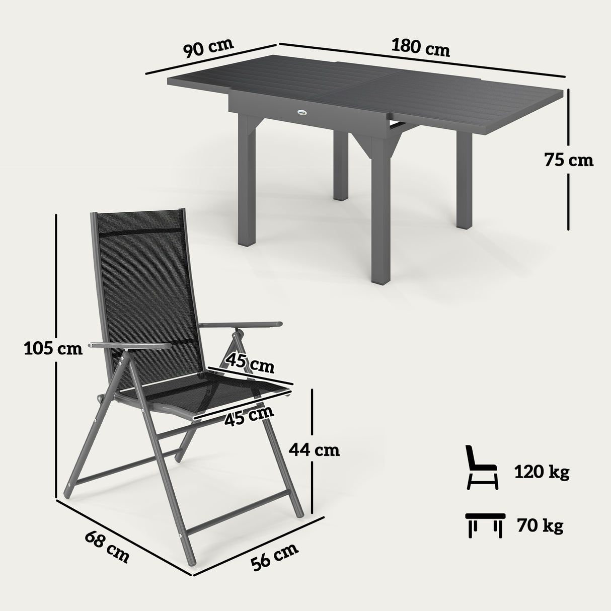 easycomfort easycomfort set da giardino 7 pezzi con 6 sedie pieghevoli e tavolo allungabile in acciaio alluminio e rete grigio e nero