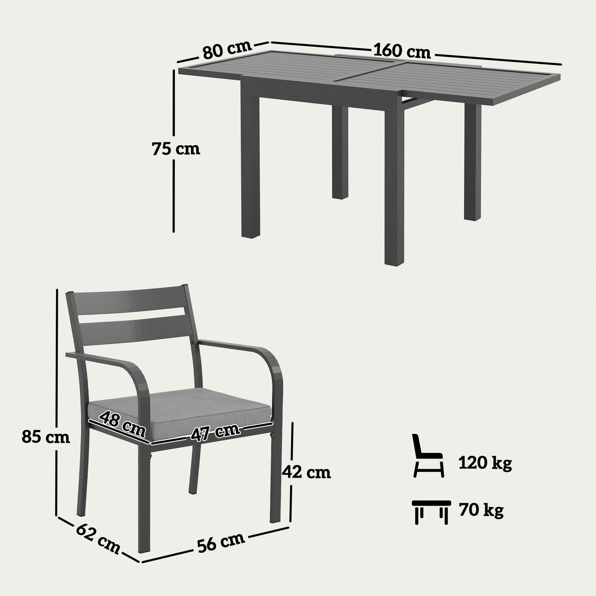 easycomfort easycomfort set da giardino con tavolo allungabile e 6 sedie impilabili con cuscini grigio