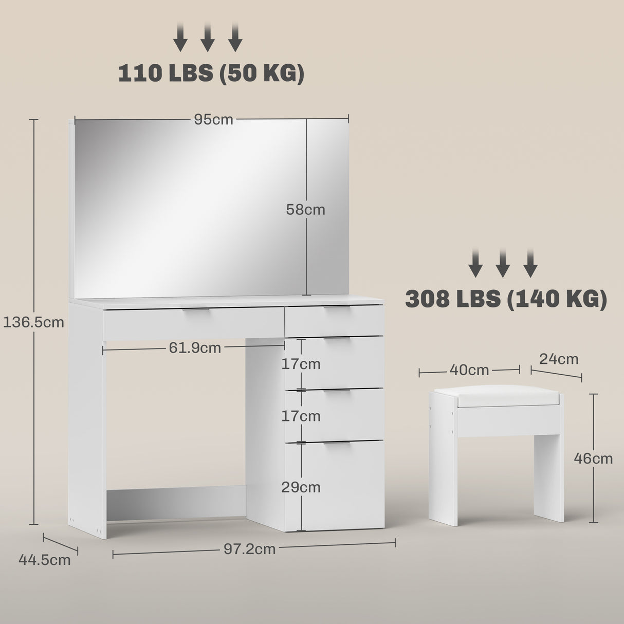 easycomfort easycomfort set tavolo da trucco con specchio e 5 cassetti 97 2x44 5x136 5 cm e sgabello imbottito 40x24x46 cm bianco
