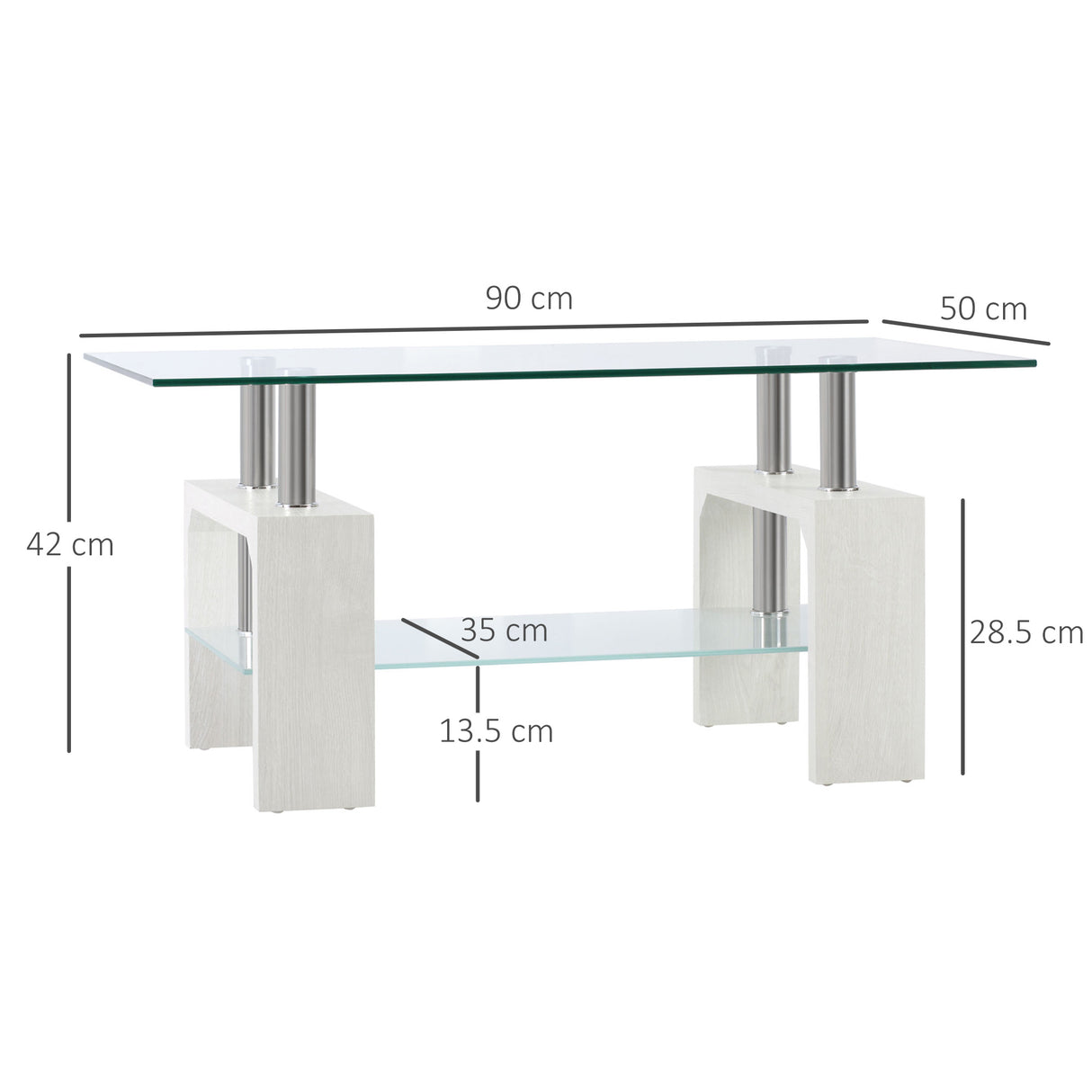 easycomfort easycomfort tavolino da caffe moderno a 2 livelli in vetro e legno 90x50x42cm bianco