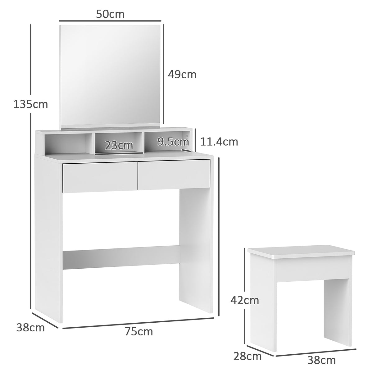 easycomfort easycomfort tavolo da trucco con specchio 3 ripiani 2 cassetti e sgabello in legno 75x38x135 cm bianco