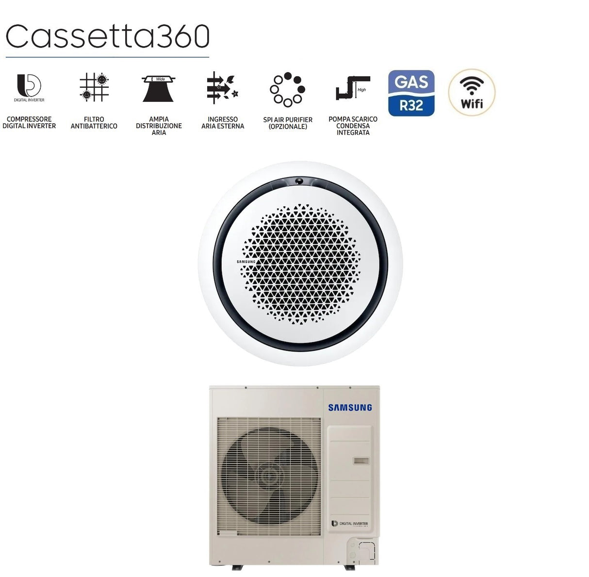 climatizzatore condizionatore samsung inverter cassetta 360 36000 btu ac100mn4pkh eu monofase r 410 wi fi optional con comando wireless incluso disponibili vari pannelli