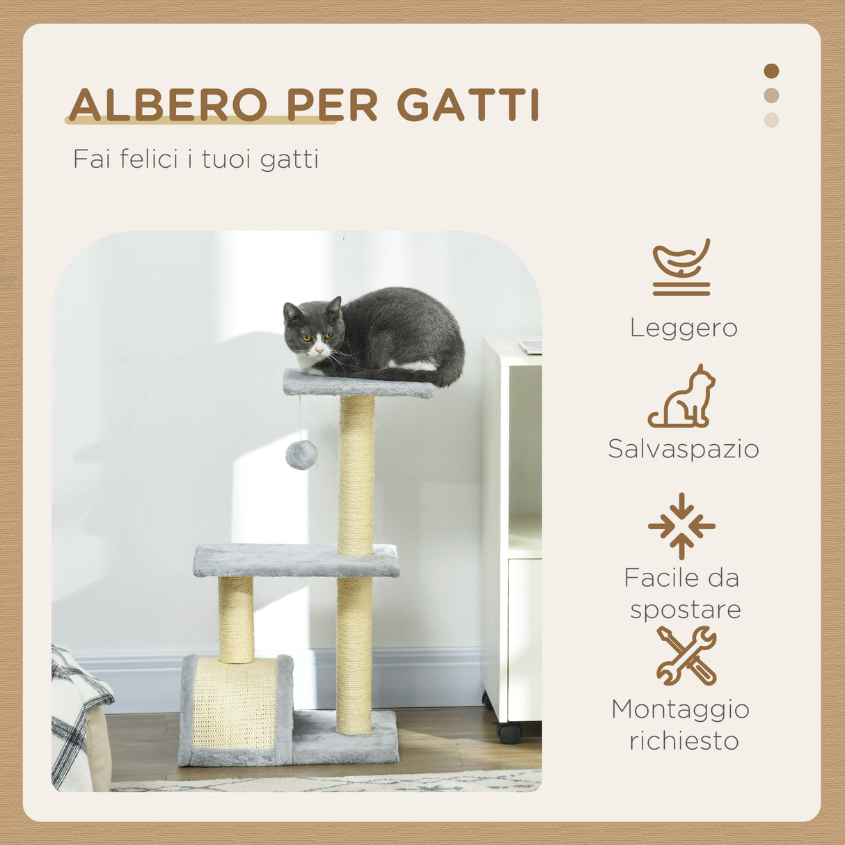 easycomfort easycomfort albero per gatti a 3 livelli con tiragraffi peluche e sisal 40x35x72 cm grigio chiaro